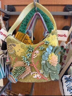 Embellished Green Floral Beaded Shoulder Bag